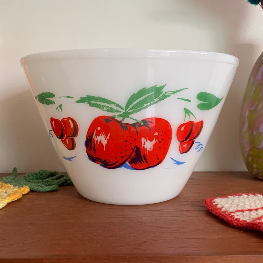 Vintage Fire King Apple Cherry Milk Glass Bowl